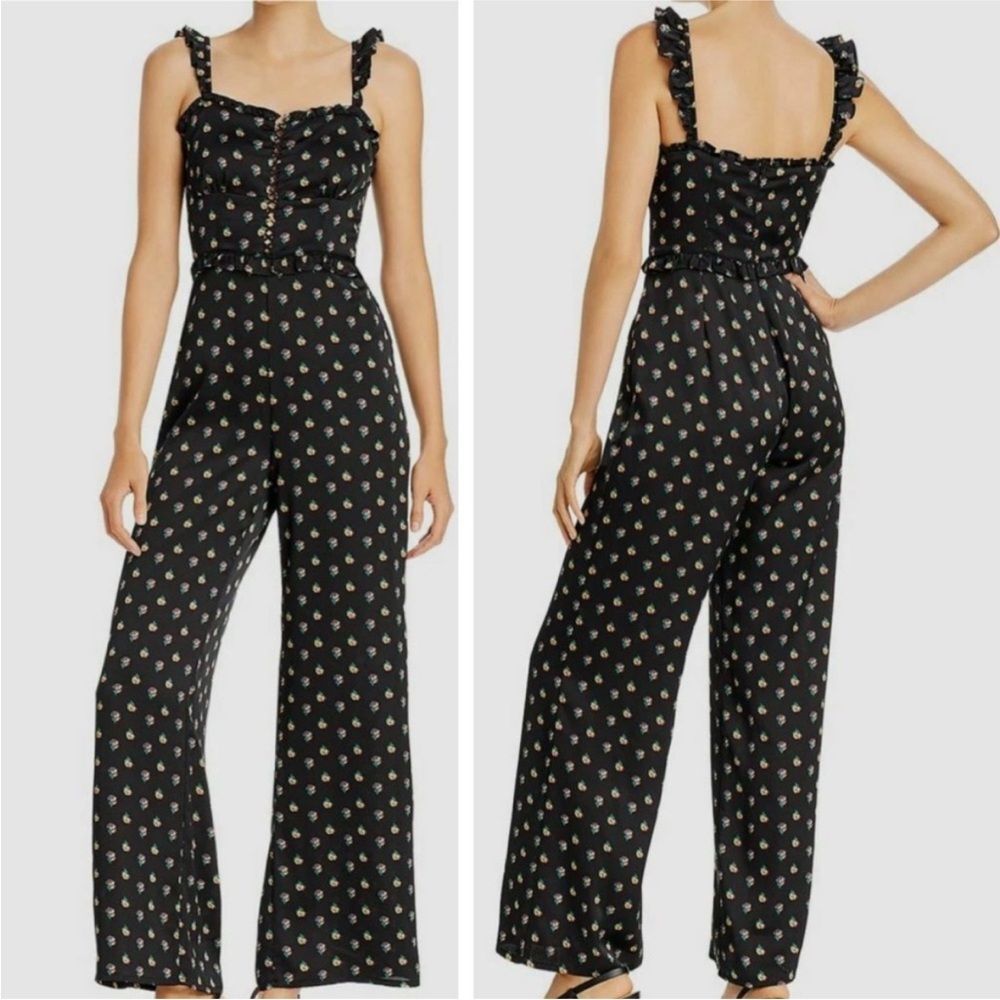 Aqua Black Floral Ruffle Sweetheart Sleeveless Wide-Leg Jumpsuit Size Medium